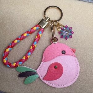 NEW Pink Leather Bird AirTag Keychain Bag Charm with Braided Strap & Bead Flower